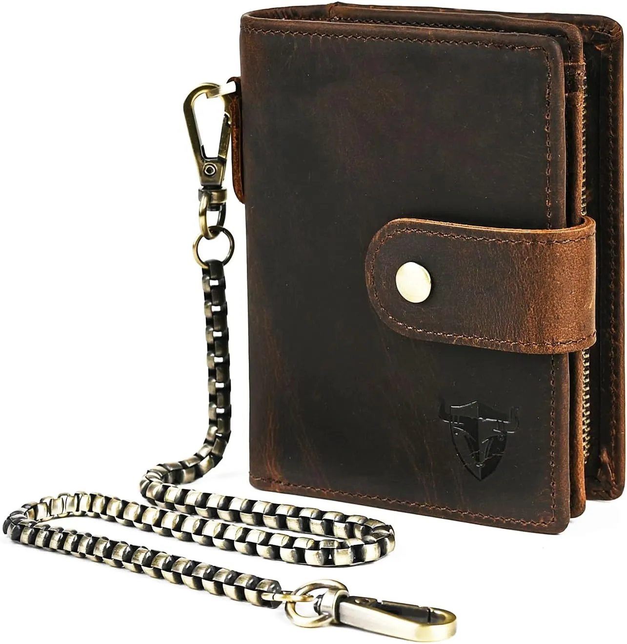 Oil Wax Genuine Leather Travel Gift Coin Pocket Card Case Vertical Chain Rfid Wallet Purse With Snap For Men Male 1804 (1804 Dark Brown)
