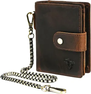 Oil Wax Genuine Leather Travel Gift Coin Pocket Card Case Vertical Chain Rfid Wallet Purse With Snap For Men Male 1804 (1804 Dark Brown)
