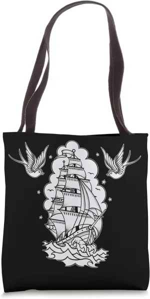 Old School Sailor Tattoo Clipper Ship and Swallow birds Tote Bag