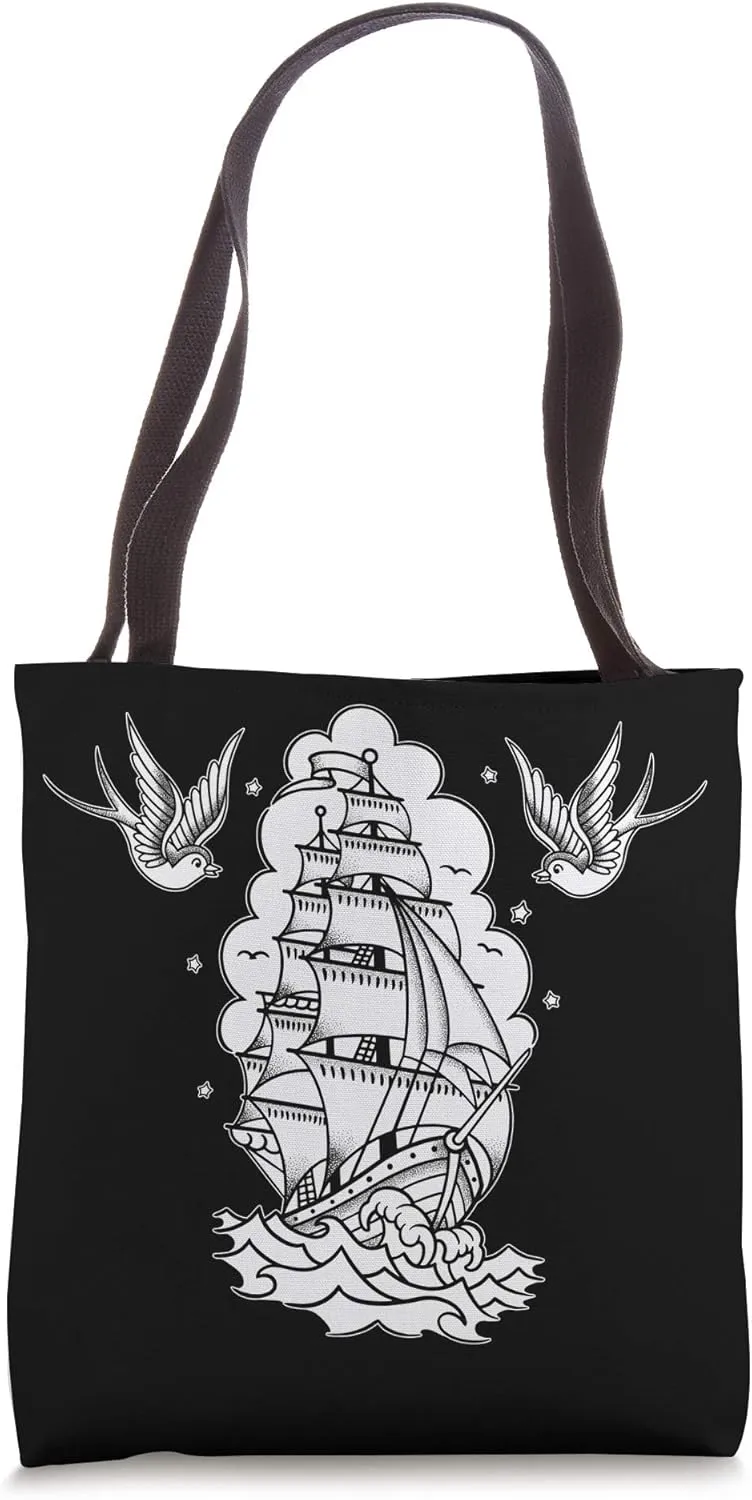 Old School Sailor Tattoo Clipper Ship and Swallow birds Tote Bag