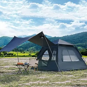 Outdoor Double Pop Up Tents for Camping, 4-Person Instant Blackout Tents for Family with Vestibule and Rainfly, 4 Season Lightweight Family Bell Tents, Easy to Assemble (Black 240*