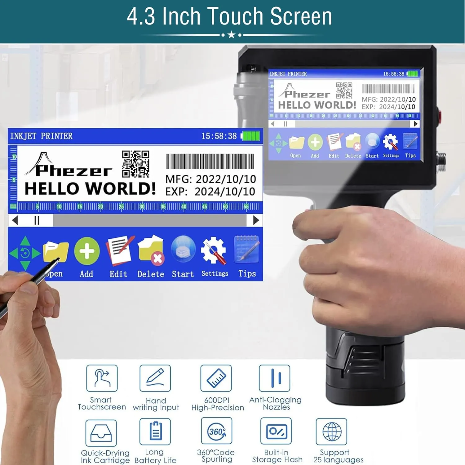 P15 Handheld Inkjet Printer for Flat Surface 0.5 Inch Nozzle for QRCode Barcode Production Date Time Logo Batch Number Print On Glass Bag Carton Box Wood Cloth Plastic Cable (25 Languages)