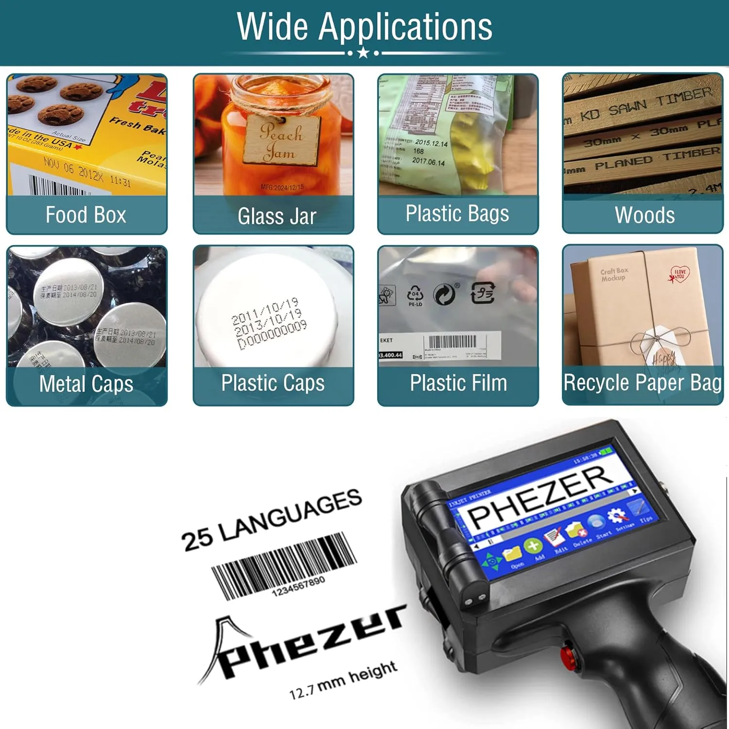 P15 Handheld Inkjet Printer for Flat Surface 0.5 Inch Nozzle for QRCode Barcode Production Date Time Logo Batch Number Print On Glass Bag Carton Box Wood Cloth Plastic Cable (25 Languages)
