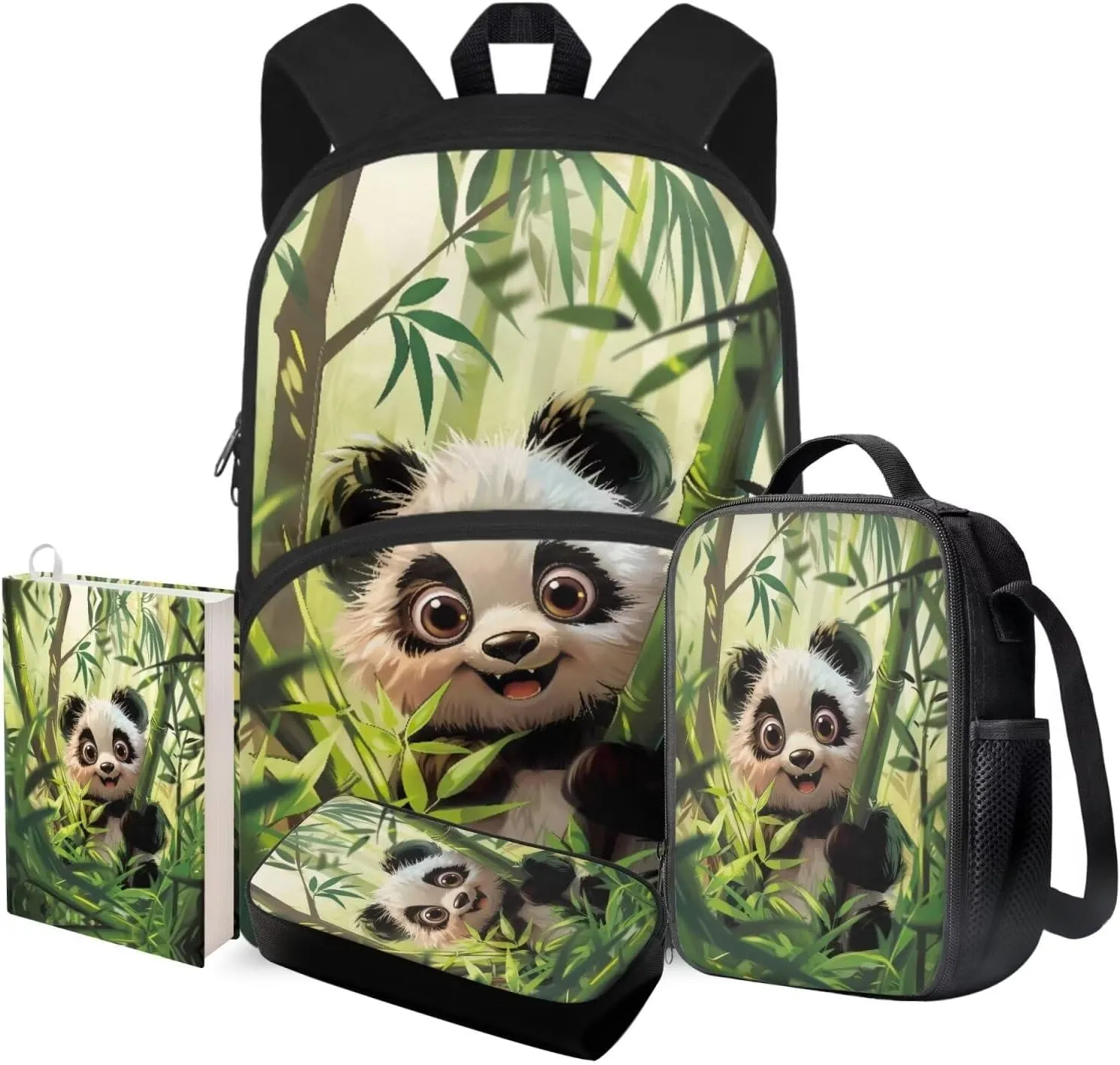 Panda Boys Backpacks Ages 8-12 with lunch Bag Large Capacity Bag for School for Boy Oil Proof Meal Prep Bag with Containers for Back to School Gifts