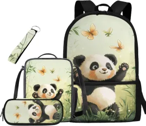 Panda Kids Backpack for Boys for Age 8-10 Back to School Cute School Bags with Lunch Bag Pencil Case and Keychain Lightweight Bookbags for 5Th Grade Girls Insulated Lunch Box