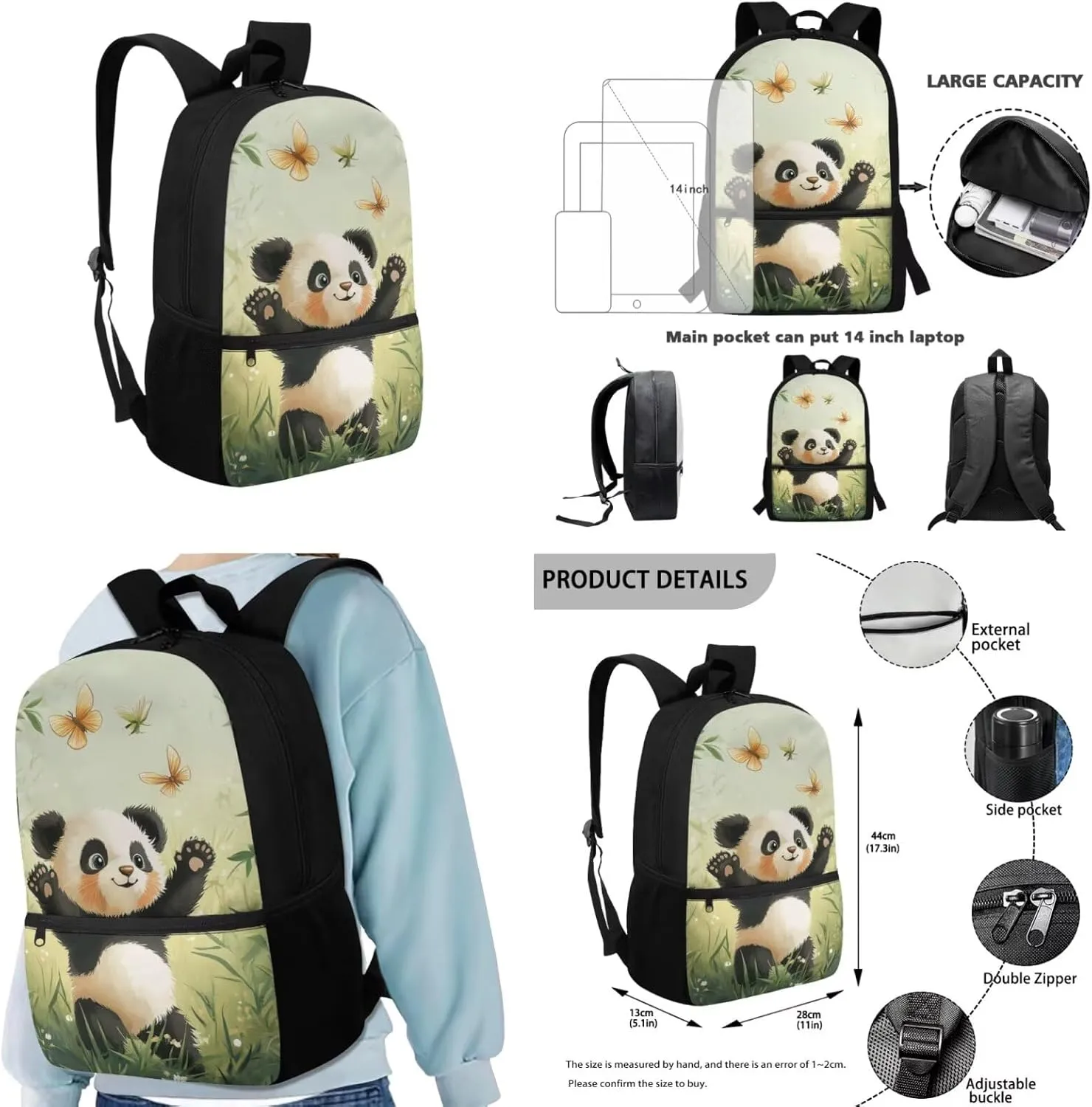 Panda Kids Backpack for Boys for Age 8-10 Back to School Cute School Bags with Lunch Bag Pencil Case and Keychain Lightweight Bookbags for 5Th Grade Girls Insulated Lunch Box