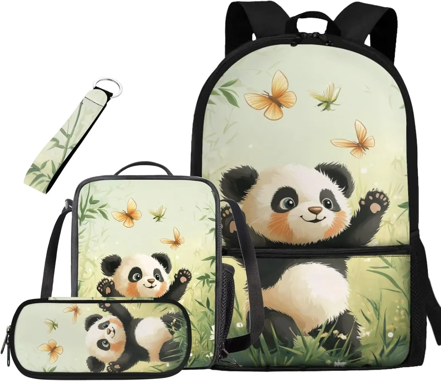Panda Kids Backpack for Boys for Age 8-10 Back to School Cute School Bags with Lunch Bag Pencil Case and Keychain Lightweight Bookbags for 5Th Grade Girls Insulated Lunch Box