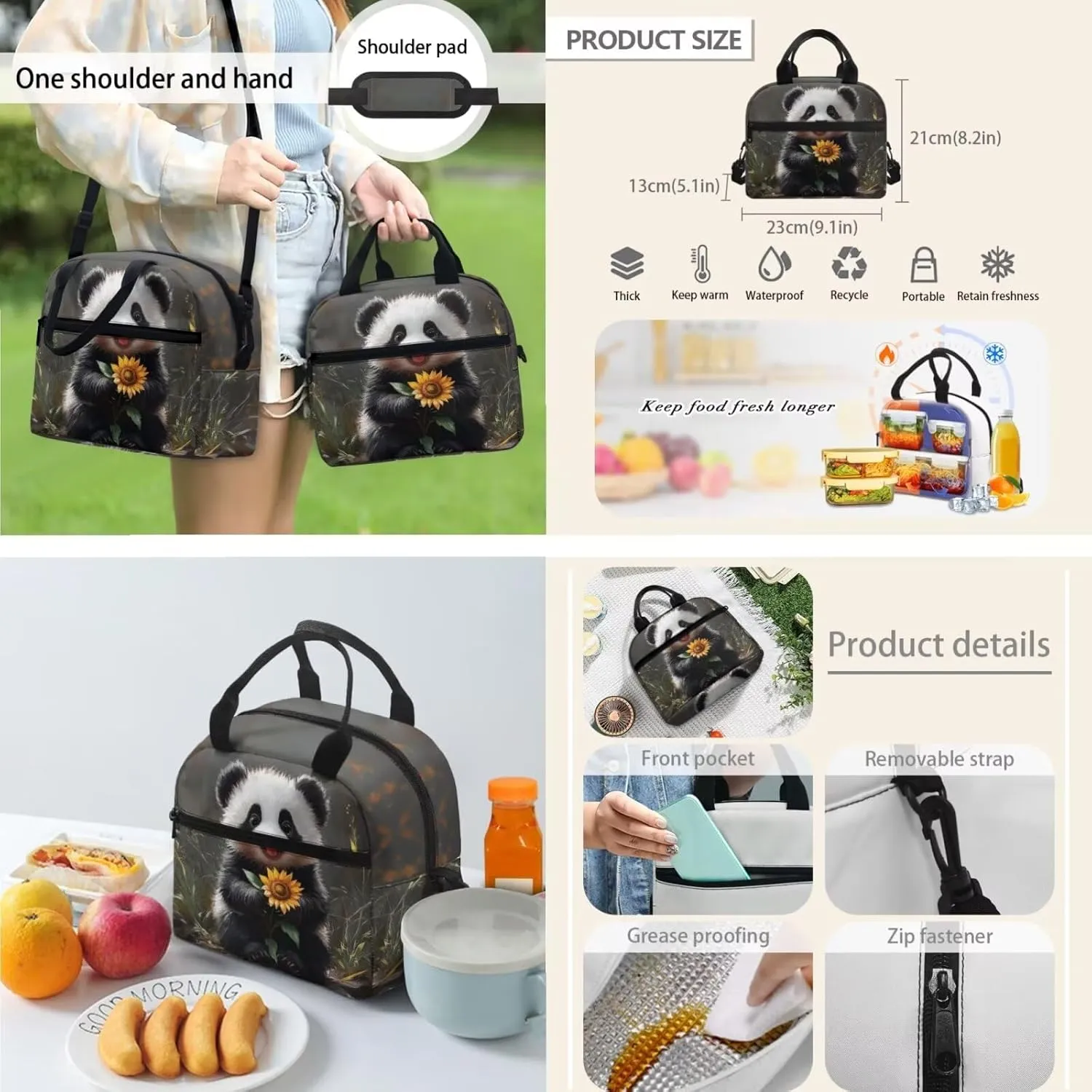 Panda Sunflower Elementary Backpack for Girls 4 Piece Bookbag with Lunchbox Ages 8-10 with Padded Straps 3D Print 3rd Grade School Bag with Water Bottle Holder Book Bags