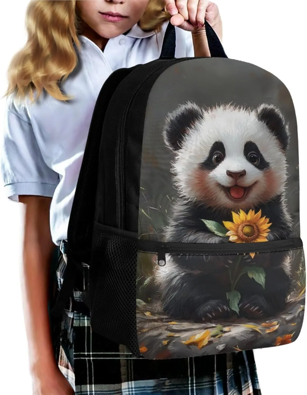 Panda Sunflower Elementary Backpack for Girls 4 Piece Bookbag with Lunchbox Ages 8-10 with Padded Straps 3D Print 3rd Grade School Bag with Water Bottle Holder Book Bags