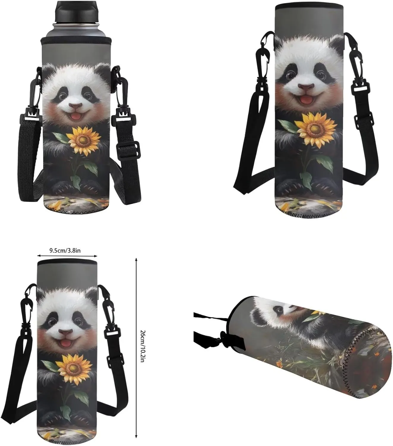 Panda Sunflower Elementary Backpack for Girls 4 Piece Bookbag with Lunchbox Ages 8-10 with Padded Straps 3D Print 3rd Grade School Bag with Water Bottle Holder Book Bags