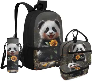 Panda Sunflower Elementary Backpack for Girls 4 Piece Bookbag with Lunchbox Ages 8-10 with Padded Straps 3D Print 3rd Grade School Bag with Water Bottle Holder Book Bags