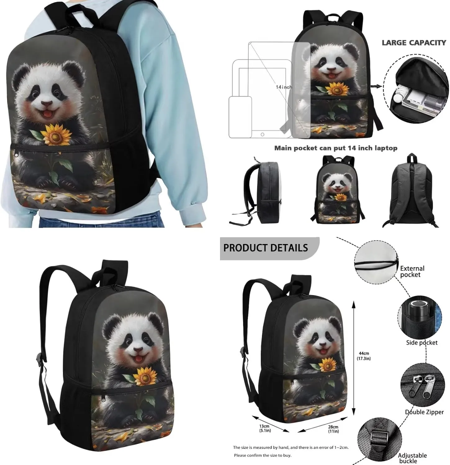 Panda Sunflower Elementary Backpack for Girls 4 Piece Bookbag with Lunchbox Ages 8-10 with Padded Straps 3D Print 3rd Grade School Bag with Water Bottle Holder Book Bags
