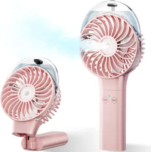 PANERGY Handheld Misting Fan, Rechargeable Portable with Mist, Foldable Mini Fan for Women Girl Travel Makeup Outdoor Office-Pink