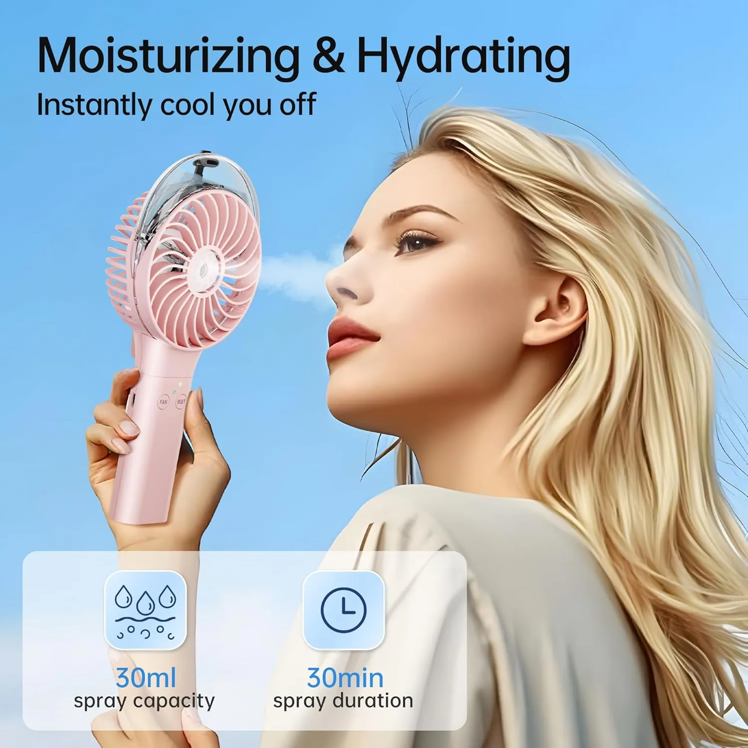 PANERGY Handheld Misting Fan, Rechargeable Portable with Mist, Foldable Mini Fan for Women Girl Travel Makeup Outdoor Office-Pink
