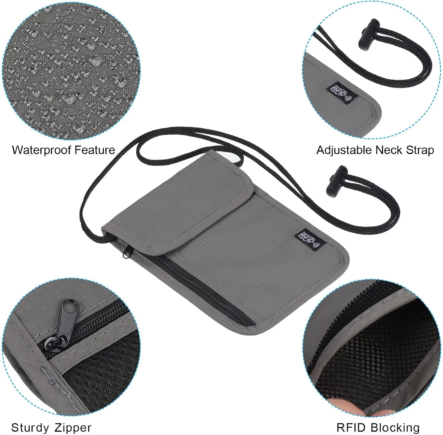 PATIKIL Neck Wallet, Passport Holder Neck Pouch RFID Blocking Waterproof Neck Travel Wallet for Women & Men, Gray
