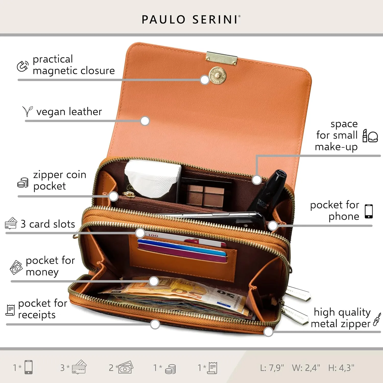 PAULO SERINI® Crossbody bag for Women - Phone Wallet Clutch Handbag - Women’s Wristlet Purses - Birthday Gifts for Women