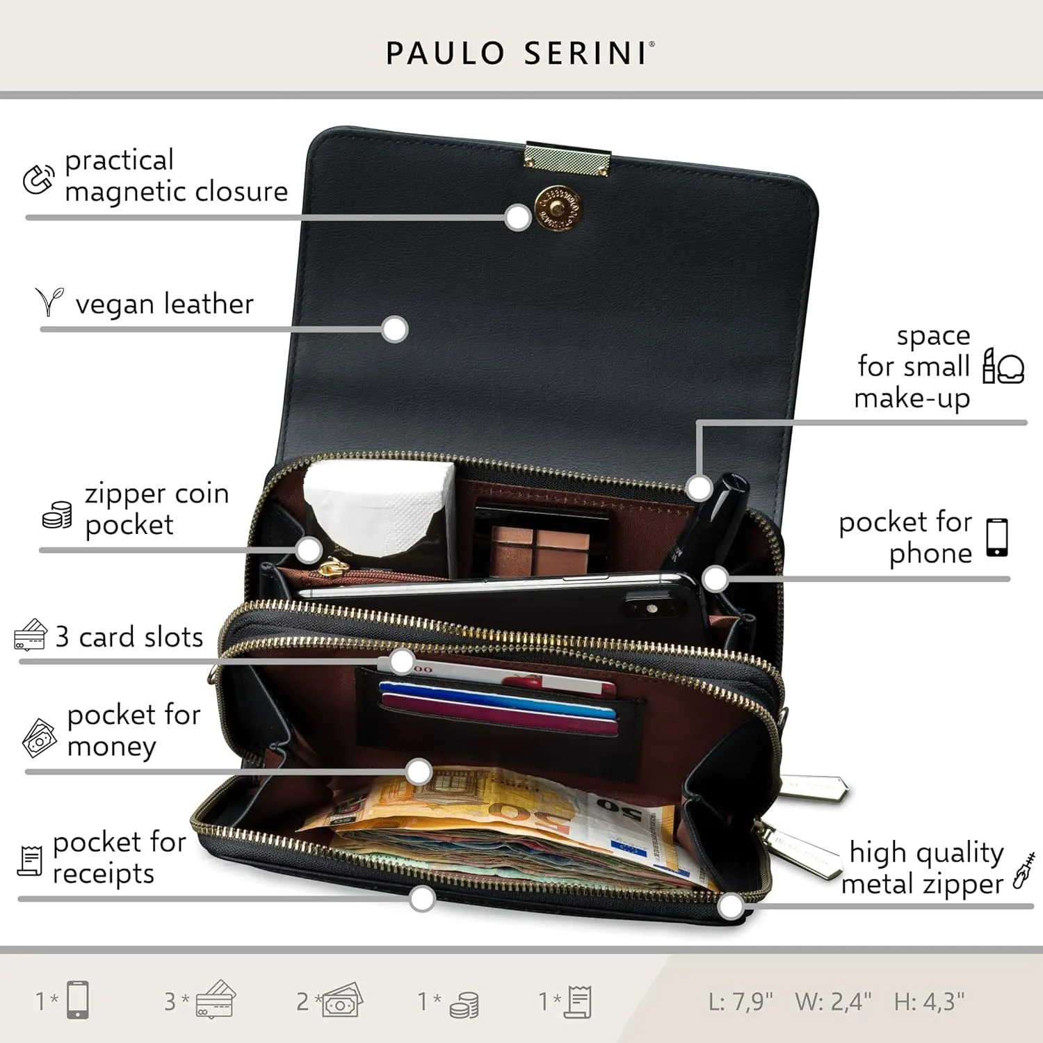 PAULO SERINI® Crossbody bag for Women - Phone Wallet Clutch Handbag - Women’s Wristlet Purses - Birthday Gifts for Women