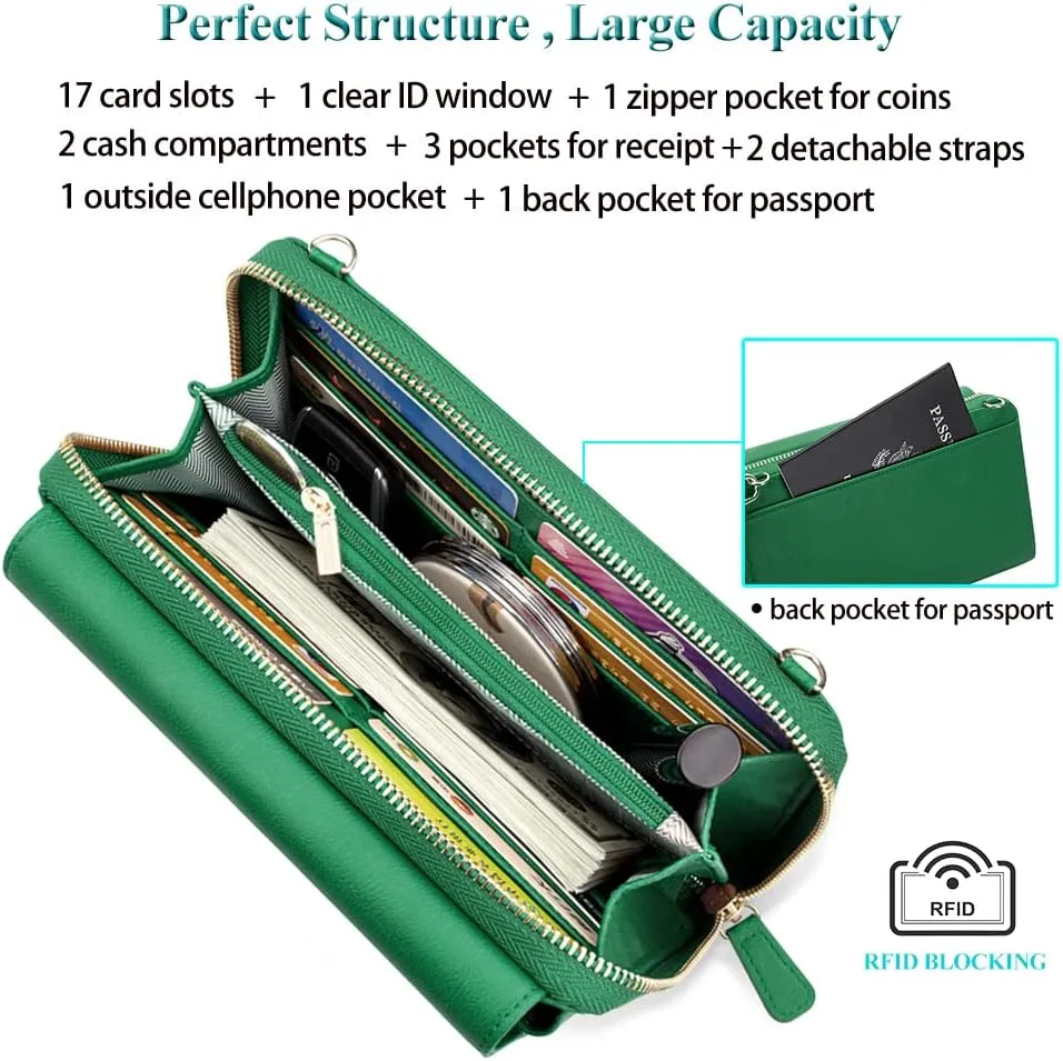 Peacocktion Women Wallet Purse Card Holder with RFID, Large Capacity Crossbody Wristlet Clutch 2 Straps