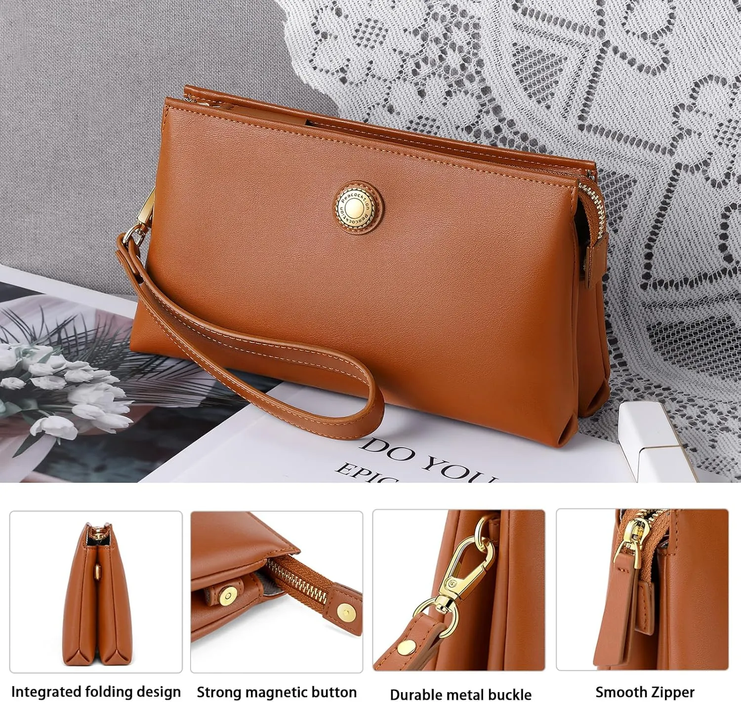 Peacocktion Wristlet Clutch Purses for Women, Leather RFID Wristlet Wallets for Women with Zipper, Travel Purse