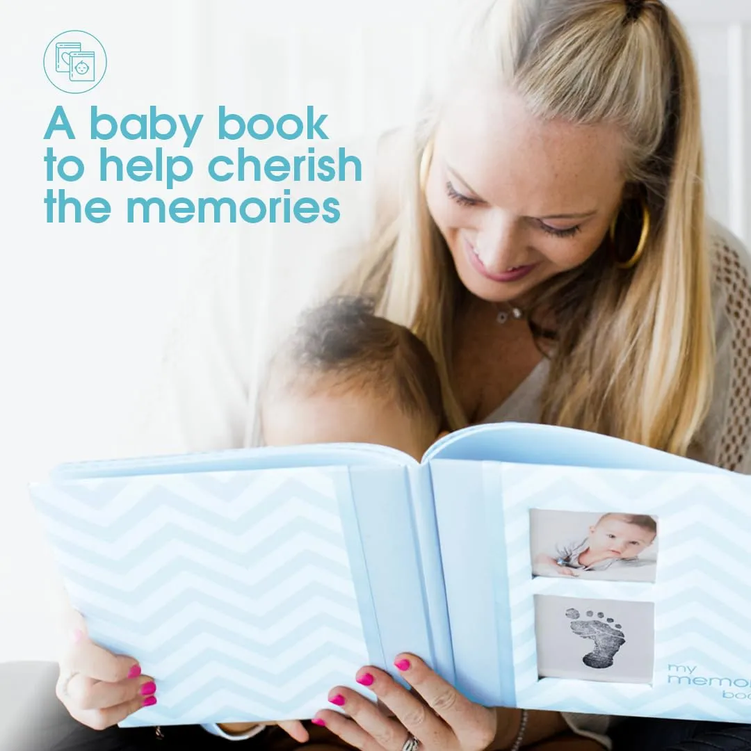 Pearhead Baby Memory Book, First 5 Years Baby Milestone Book, Pregnancy Journal, Gender Neutral Newborn Keepsake, With Clean-Touch Ink Pad For Baby's Handprint or Footprint, Blue Chevron