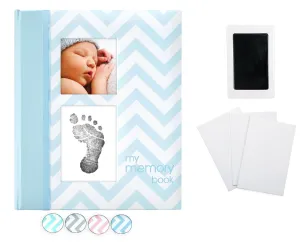 Pearhead Baby Memory Book, First 5 Years Baby Milestone Book, Pregnancy Journal, Gender Neutral Newborn Keepsake, With Clean-Touch Ink Pad For Baby's Handprint or Footprint, Blue Chevron