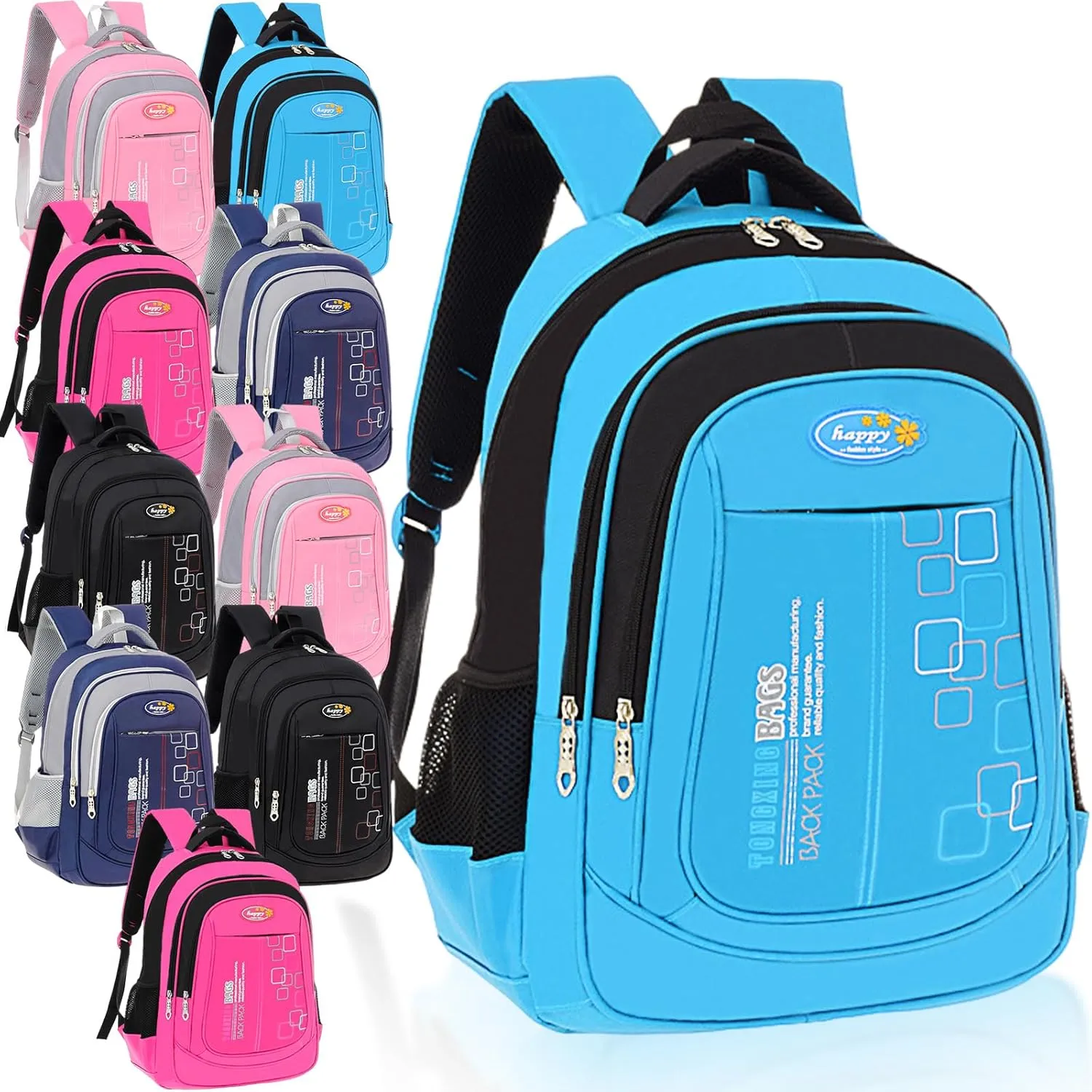 PerKoop 10 Pcs of School Backpack Bulk 17 Inch Classic Student Bag Bulk Printed Book Bags with Adjustable Padded Straps and Bottle Holder for Back to School Supplies Donation, Charities