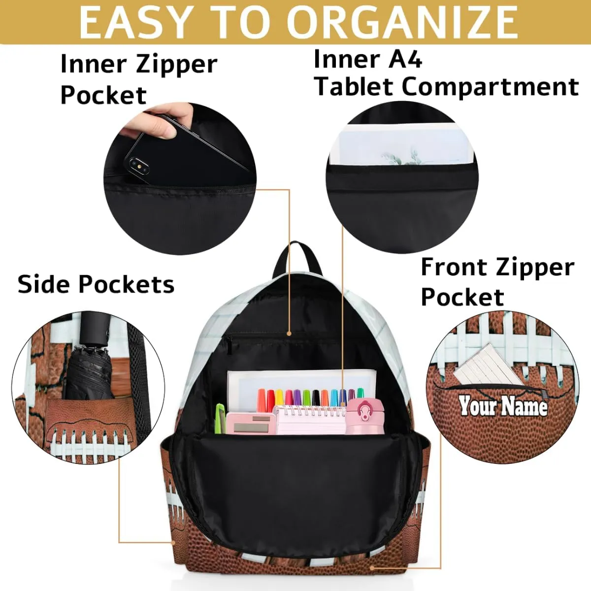 Personalized American Football Preschool Toddler Backpack for Boys Girls Custom Kids Name Small Bookbags Kindergarten Elementary Backpack, Rugby Football