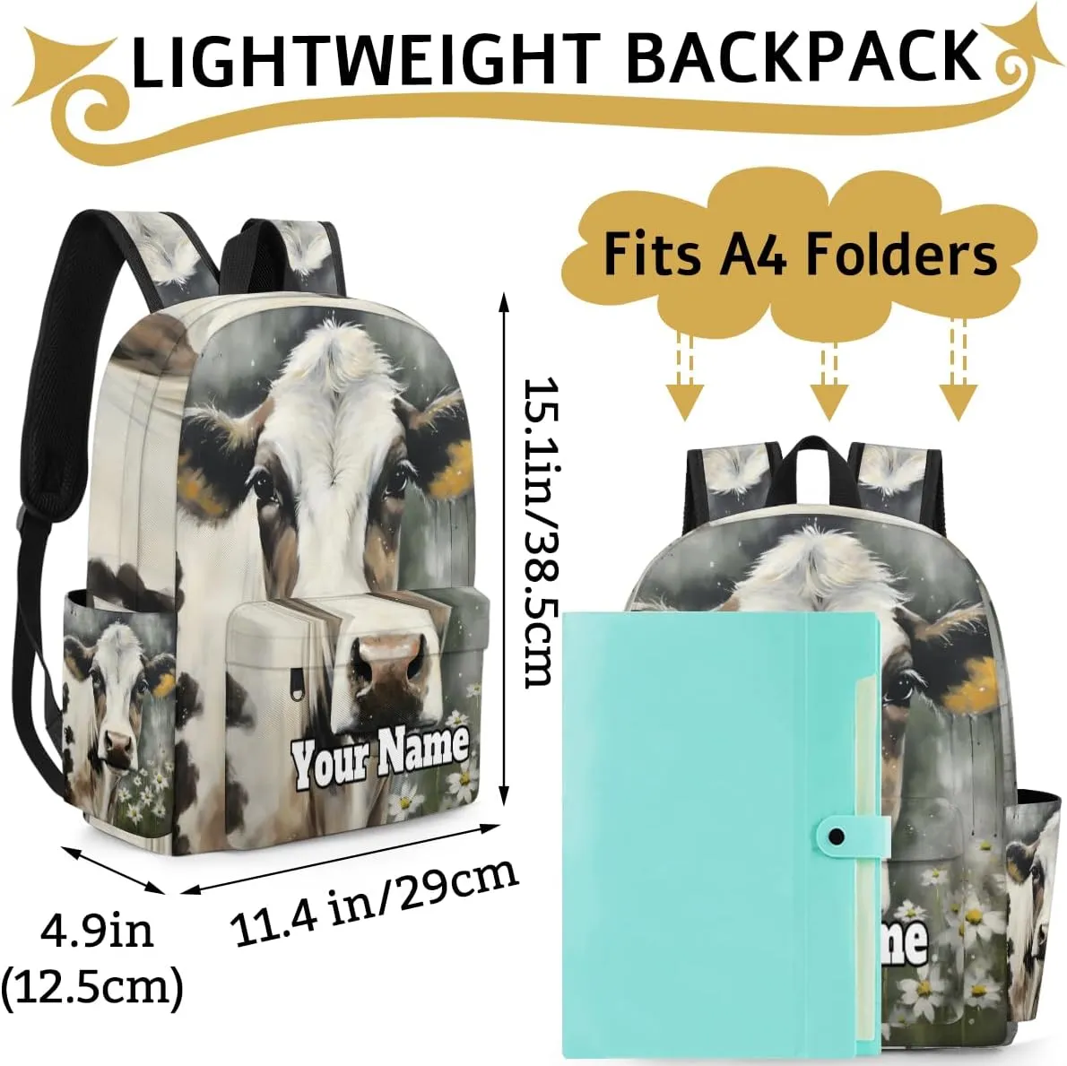 Personalized Animal Cow Preschool Toddler Backpack for Boys Girls Custom Kids Name Small Bookbags Kindergarten Elementary Backpack, Cow
