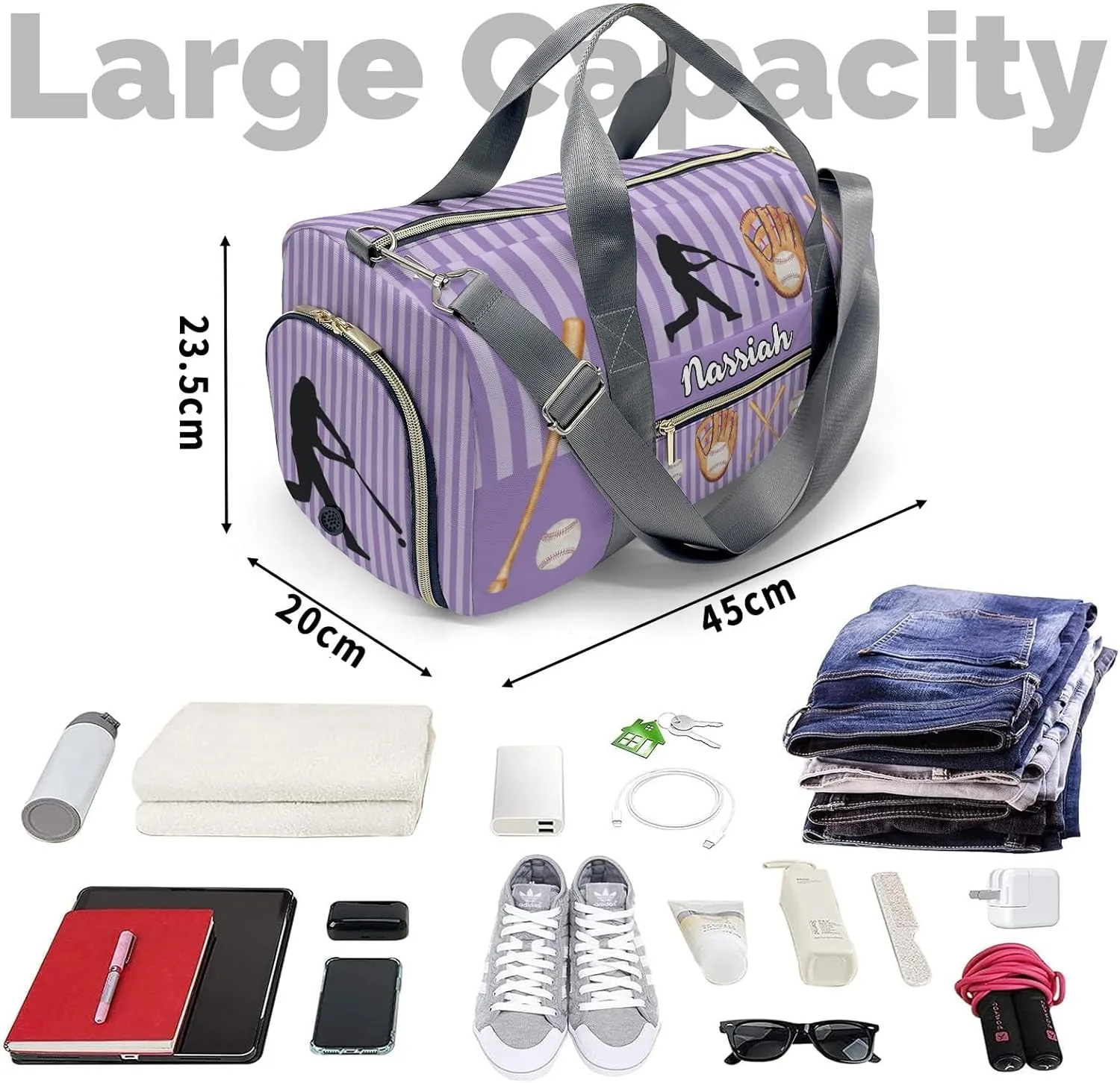 Personalized Baseball Player Stripes Violet Duffel Bag,Customized Sport Player Travel Bag for Gifts
