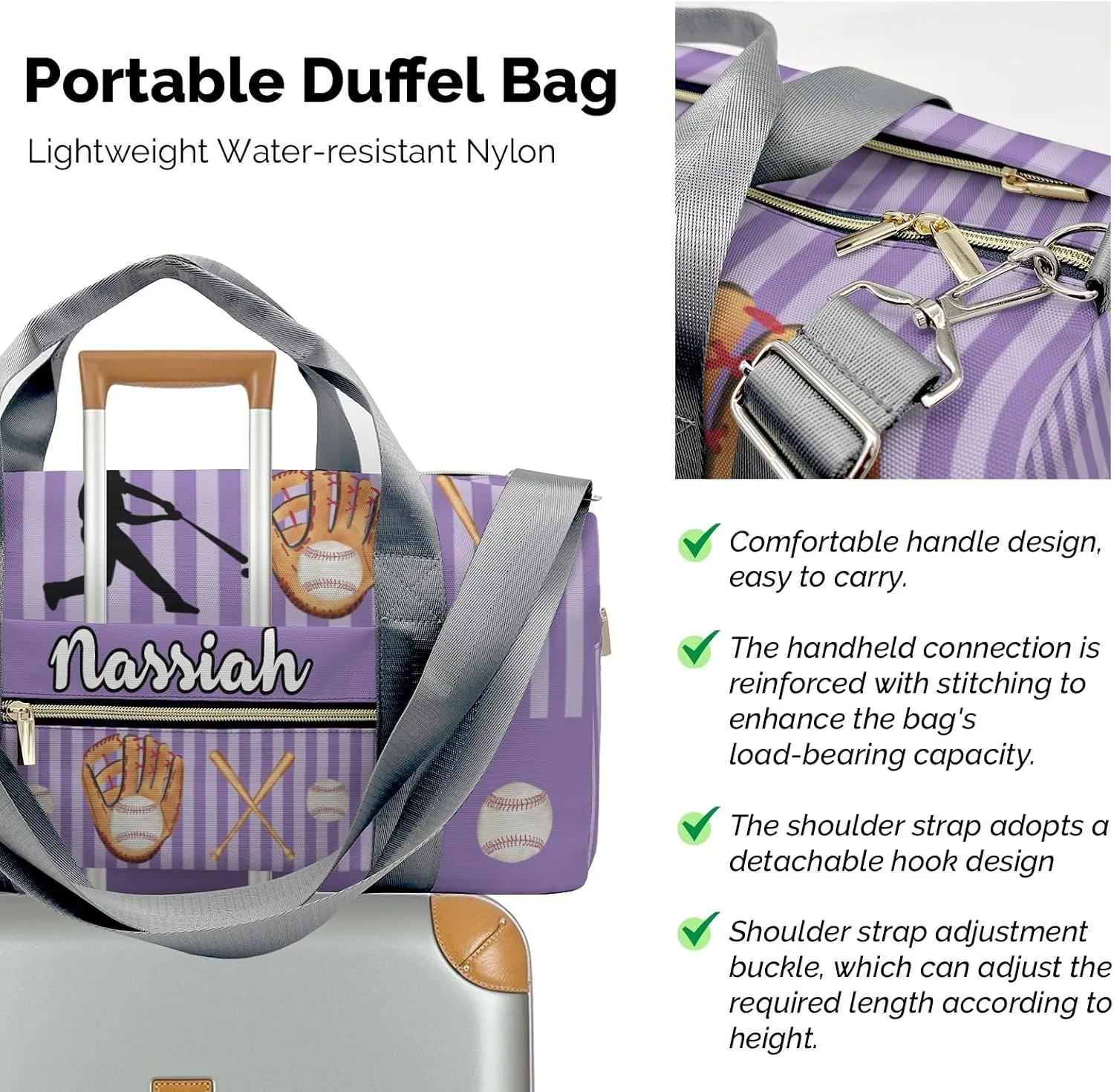 Personalized Baseball Player Stripes Violet Duffel Bag,Customized Sport Player Travel Bag for Gifts