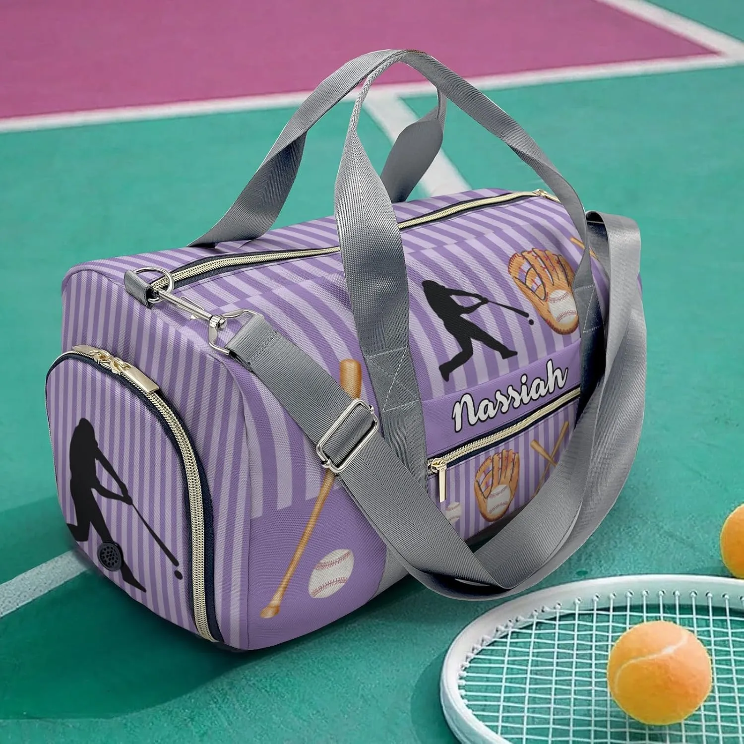 Personalized Baseball Player Stripes Violet Duffel Bag,Customized Sport Player Travel Bag for Gifts