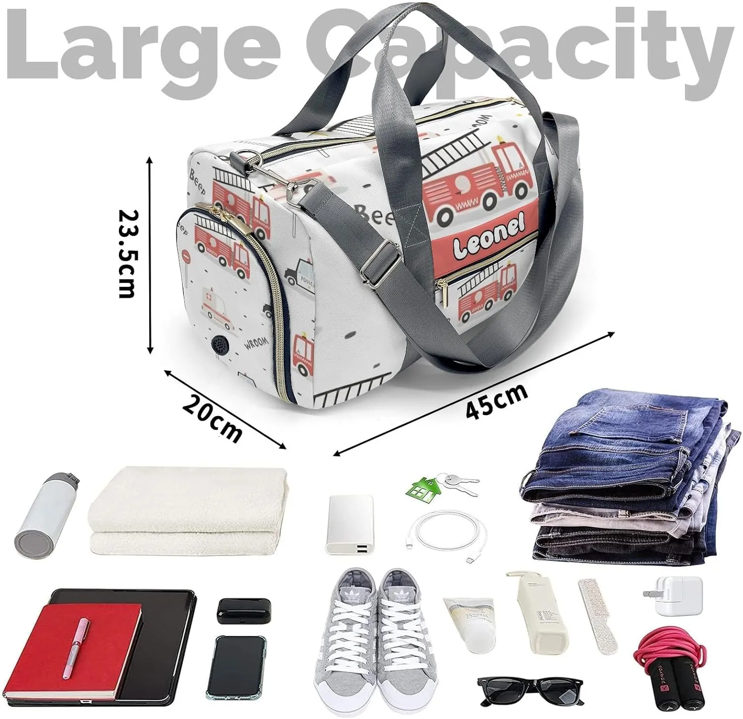 Personalized Beep Wroom Fire Truck Duffel Bag,Customized Sport Player Travel Bag for Gifts