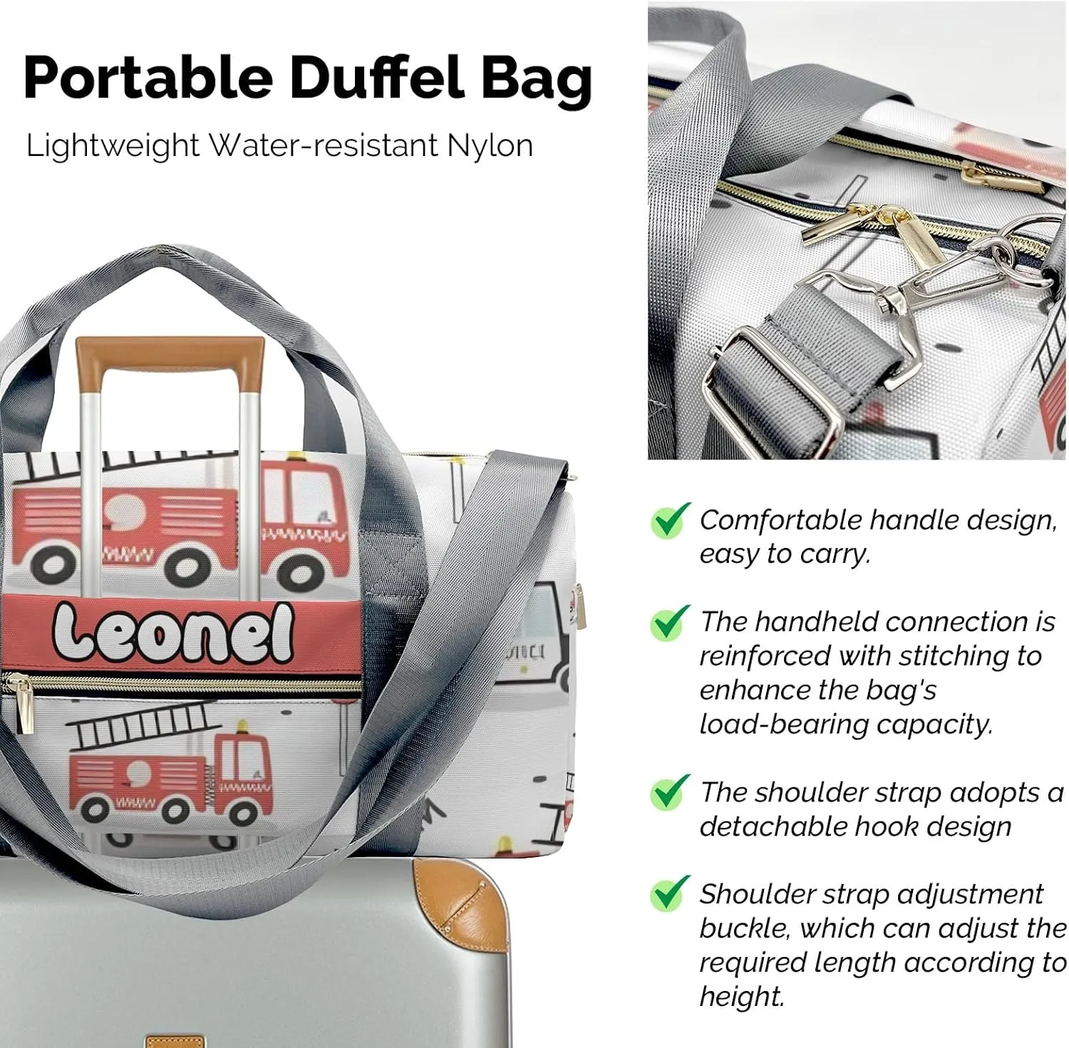 Personalized Beep Wroom Fire Truck Duffel Bag,Customized Sport Player Travel Bag for Gifts