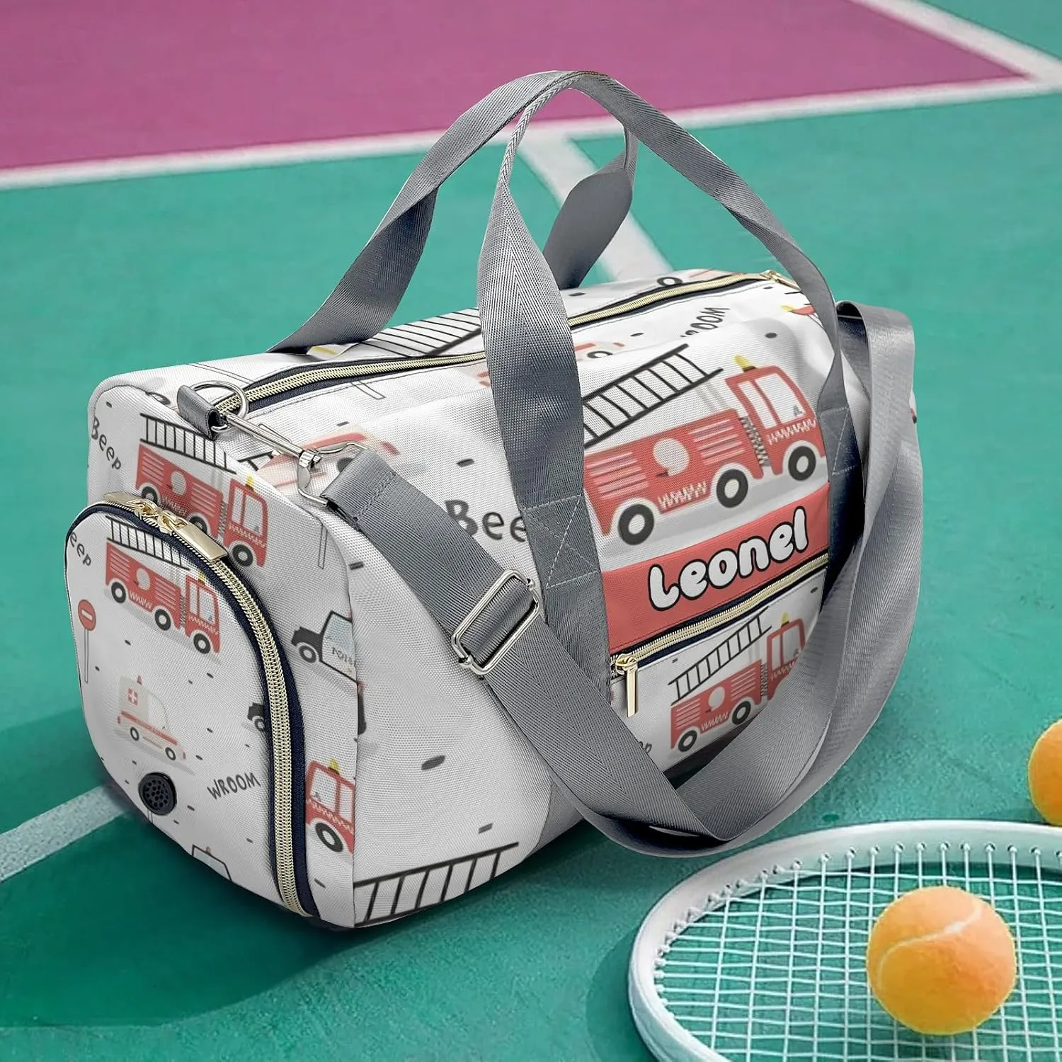 Personalized Beep Wroom Fire Truck Duffel Bag,Customized Sport Player Travel Bag for Gifts