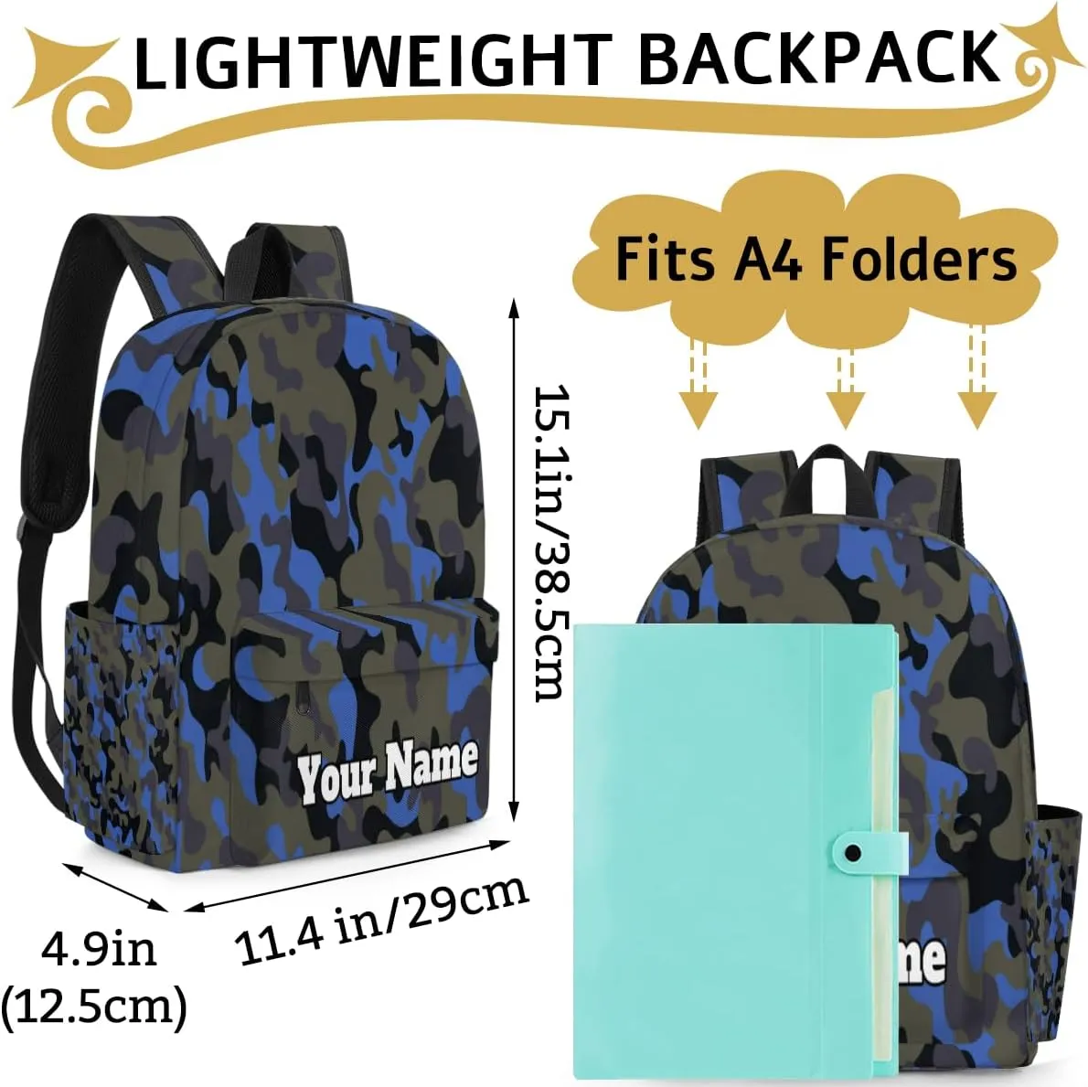 Personalized Blue Camo Preschool Toddler Backpack for Boys Girls Custom Kids Name Small Bookbags Kindergarten Elementary Backpack, Camo