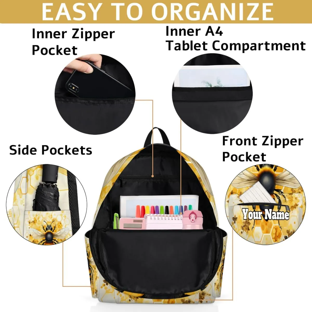 Personalized Bumblebee Preschool Toddler Backpack for Boys Girls Custom Kids Name Small Bookbags Kindergarten Elementary Backpack, Animal Bee