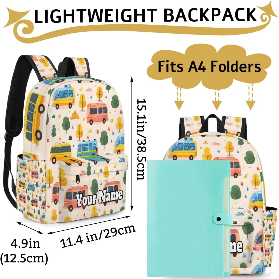 Personalized Buses Preschool Toddler Backpack for Boys Girls Custom Kids Name Small Bookbags Kindergarten Elementary Backpack, Cars Tree