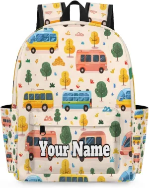 Personalized Buses Preschool Toddler Backpack for Boys Girls Custom Kids Name Small Bookbags Kindergarten Elementary Backpack, Cars Tree
