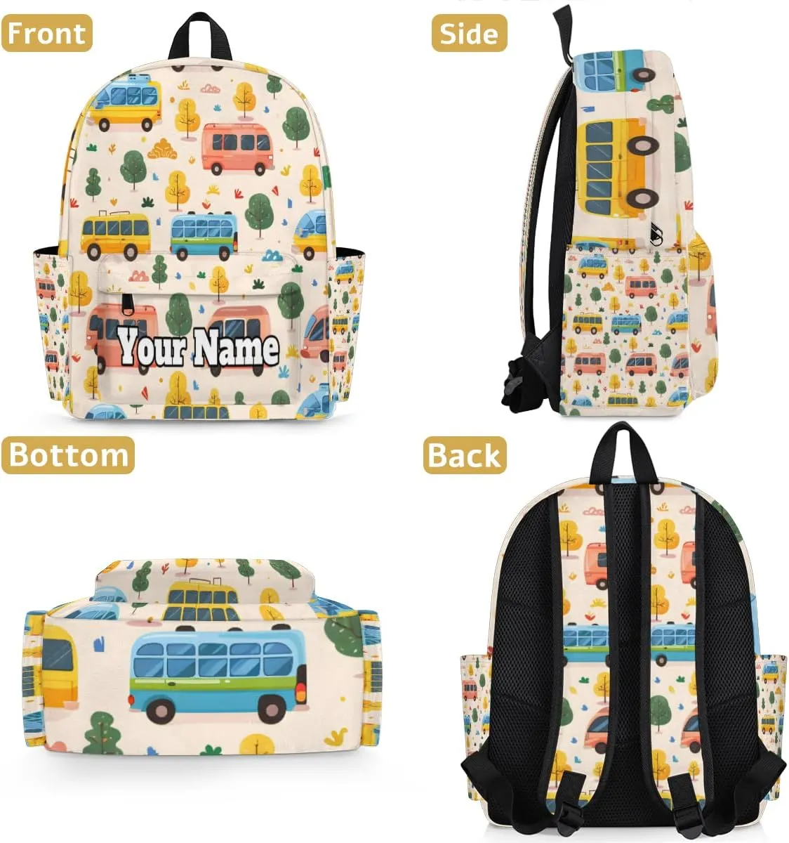 Personalized Buses Preschool Toddler Backpack for Boys Girls Custom Kids Name Small Bookbags Kindergarten Elementary Backpack, Cars Tree