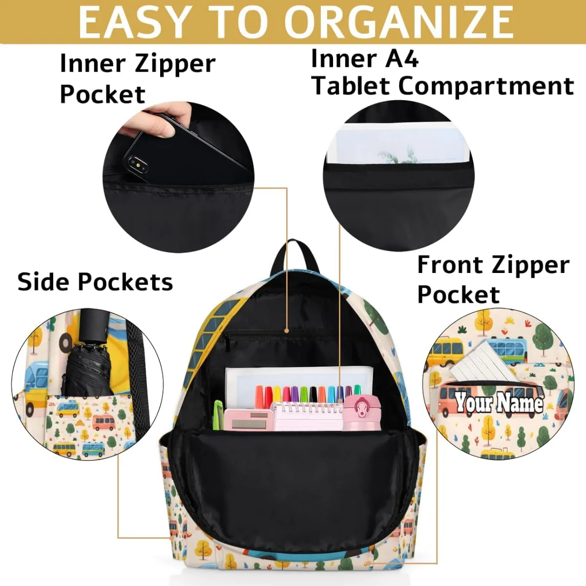 Personalized Buses Preschool Toddler Backpack for Boys Girls Custom Kids Name Small Bookbags Kindergarten Elementary Backpack, Cars Tree