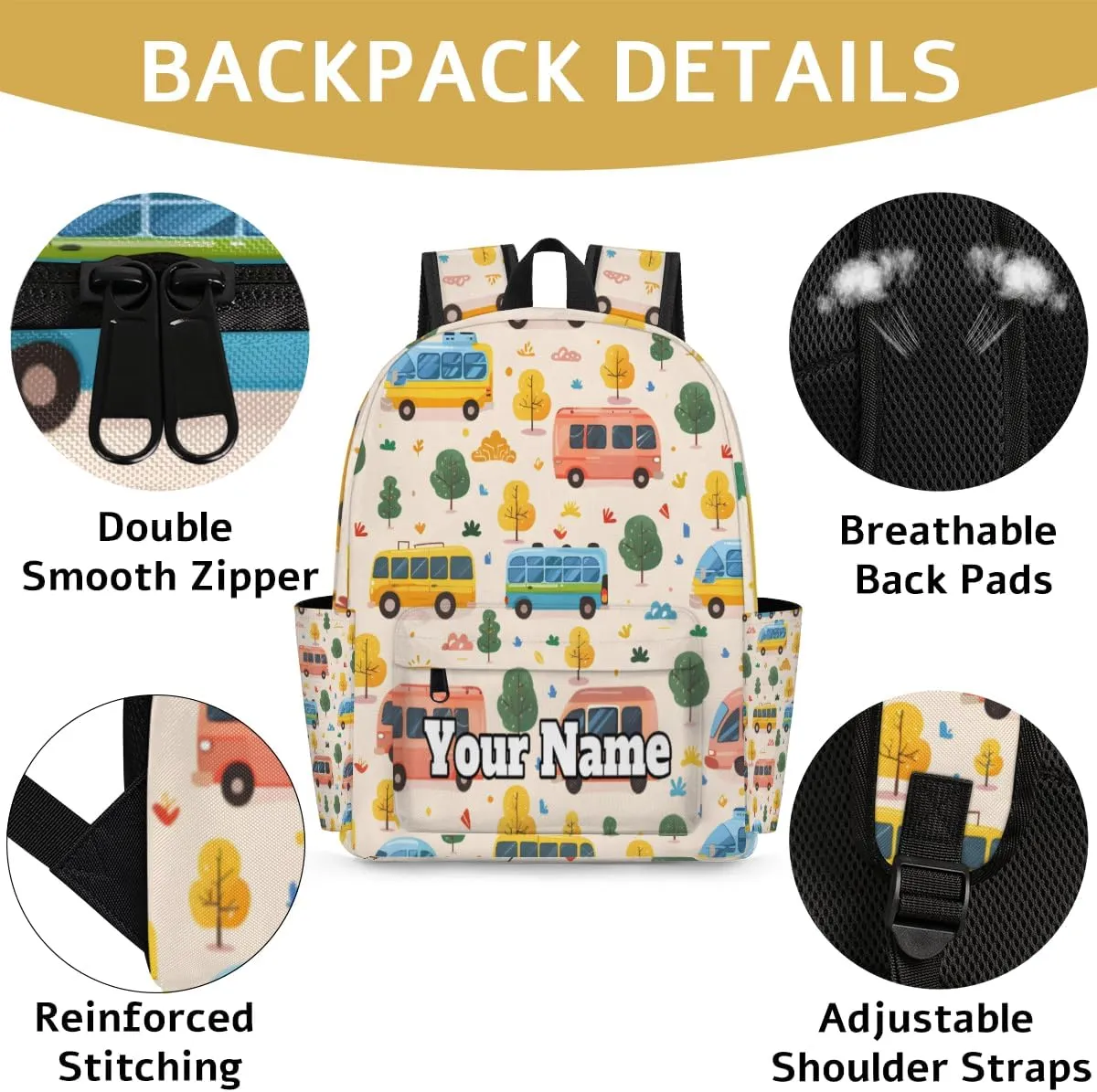 Personalized Buses Preschool Toddler Backpack for Boys Girls Custom Kids Name Small Bookbags Kindergarten Elementary Backpack, Cars Tree
