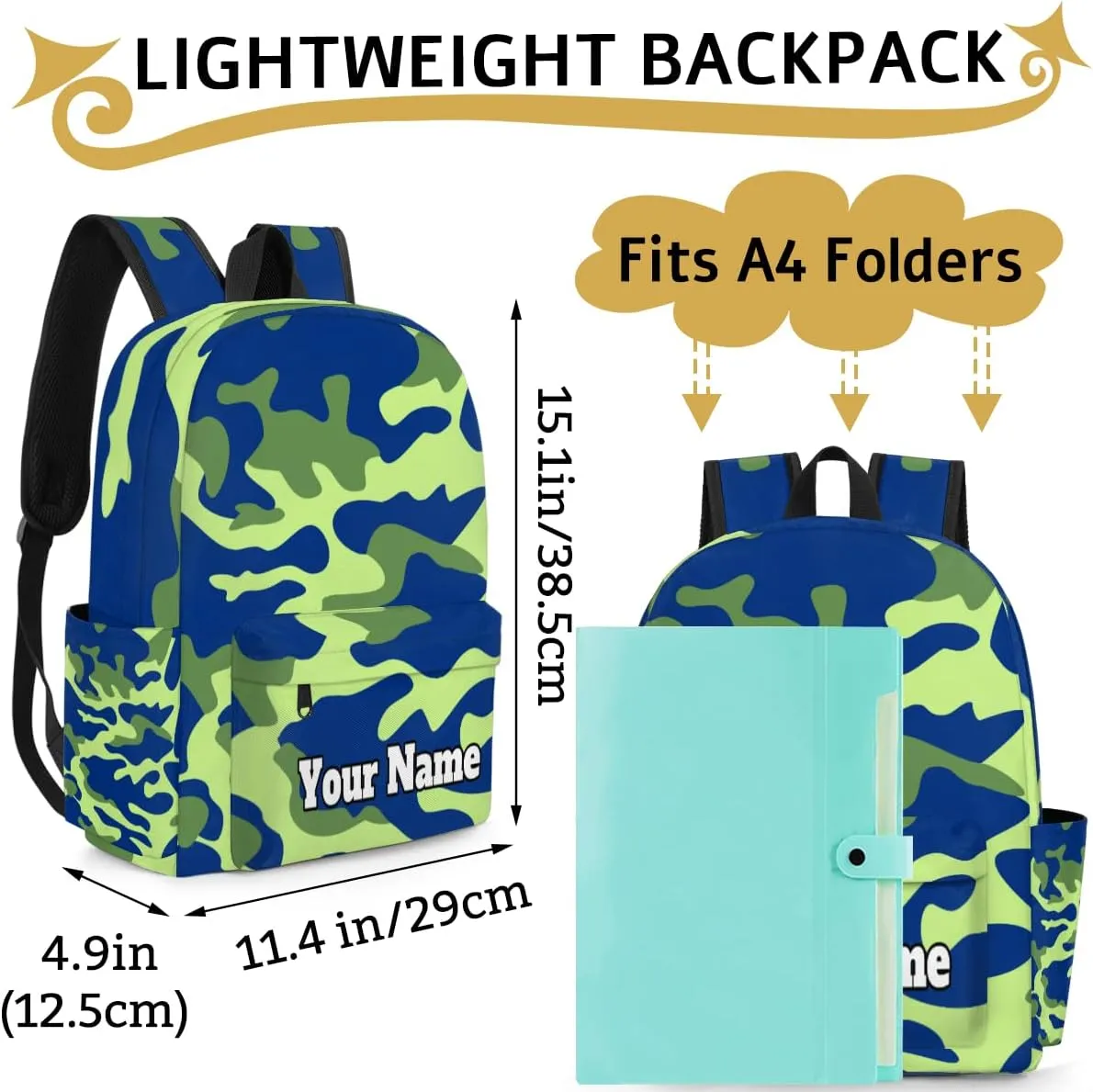 Personalized Camo Preschool Toddler Backpack for Boys Girls Custom Kids Name Small Bookbags Kindergarten Elementary Backpack, Printed Camo