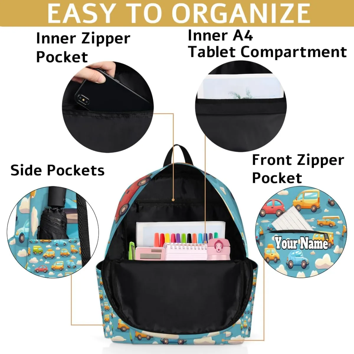 Personalized Cars Preschool Toddler Backpack for Boys Girls Custom Kids Name Small Bookbags Kindergarten Elementary Backpack, Truck