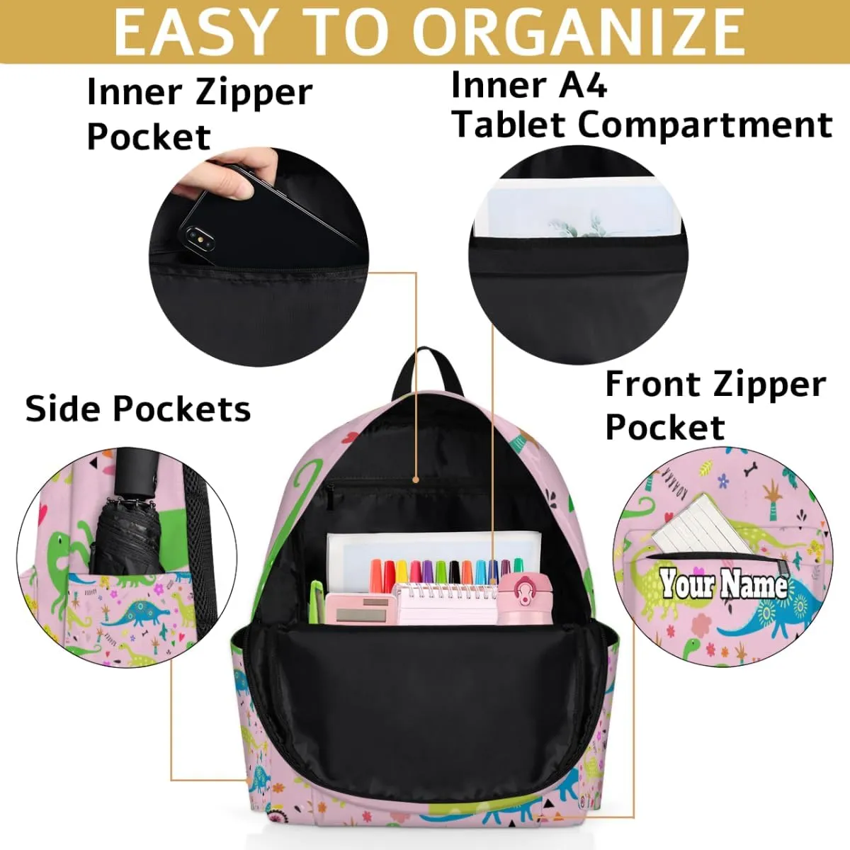 Personalized Cartoon Dinosaur Preschool Toddler Backpack for Boys Girls Custom Kids Name Small Bookbags Kindergarten Elementary Backpack, Watercolor Dinosaurs