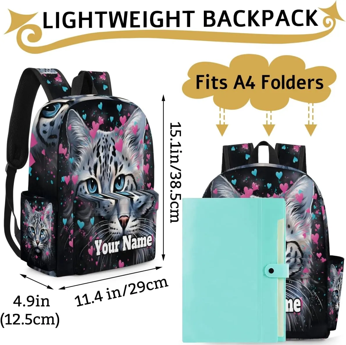 Personalized Cat Valentine's Day Preschool Toddler Backpack for Boys Girls Custom Kids Name Small Bookbags Kindergarten Elementary Backpack, Cat Print