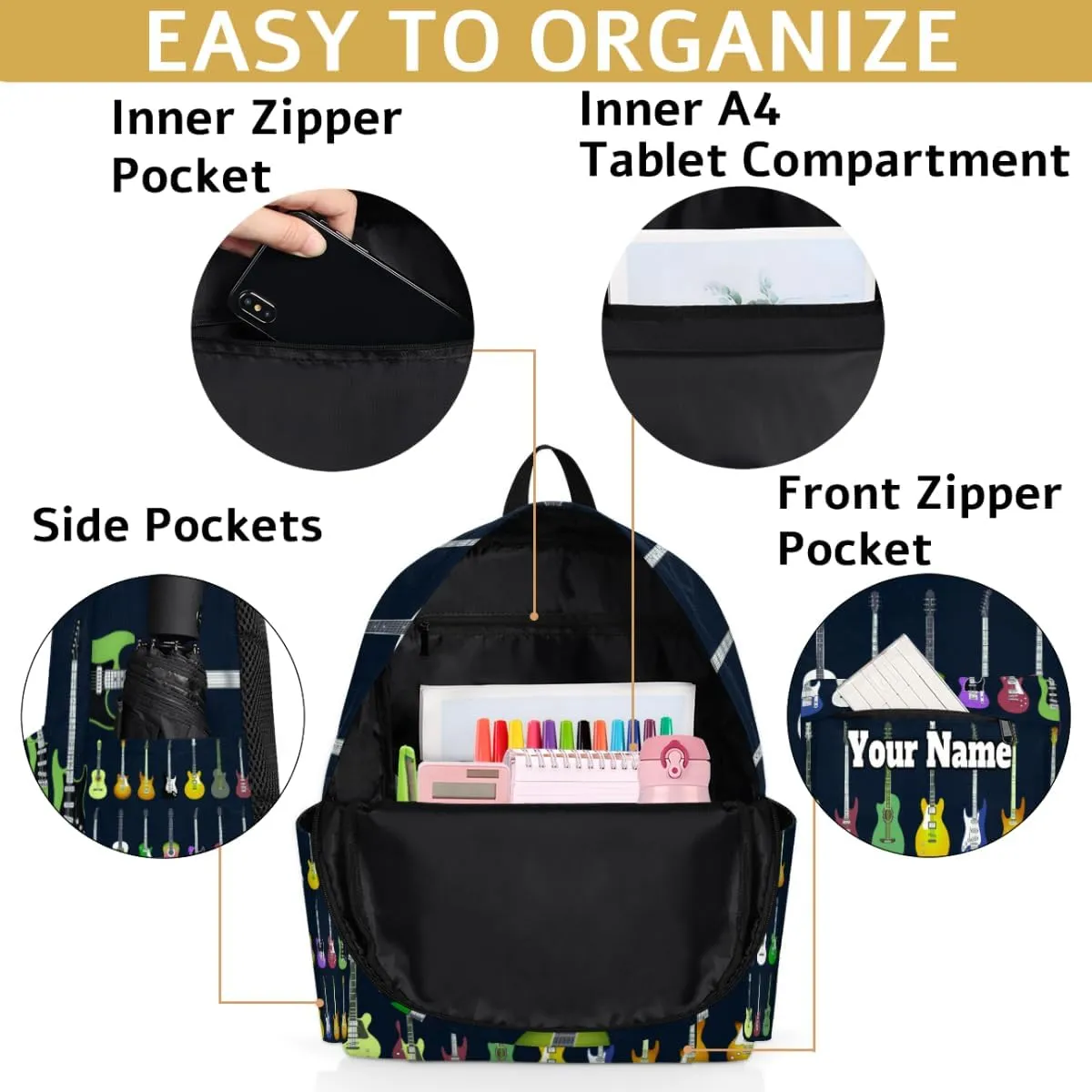 Personalized Colorful Guitars Preschool Toddler Backpack for Boys Girls Custom Kids Name Small Bookbags Kindergarten Elementary Backpack, Music