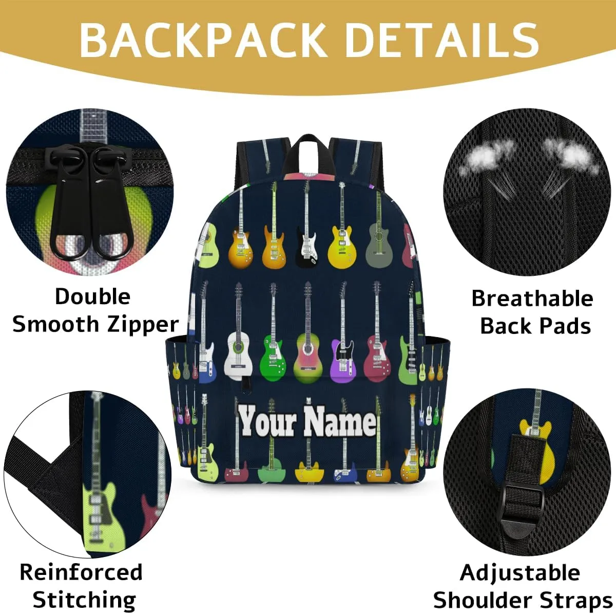 Personalized Colorful Guitars Preschool Toddler Backpack for Boys Girls Custom Kids Name Small Bookbags Kindergarten Elementary Backpack, Music