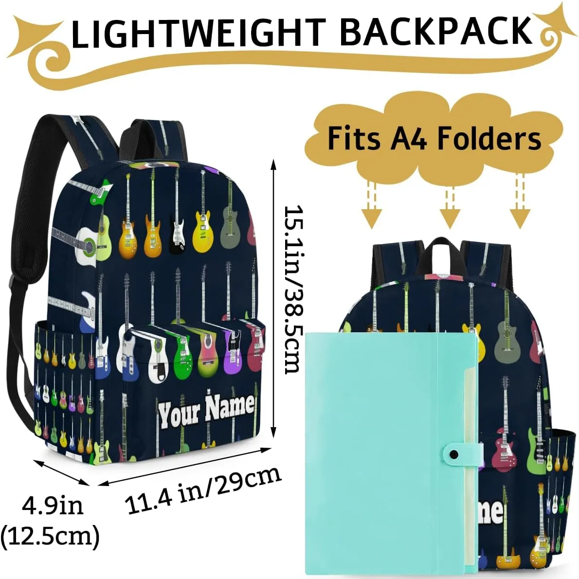 Personalized Colorful Guitars Preschool Toddler Backpack for Boys Girls Custom Kids Name Small Bookbags Kindergarten Elementary Backpack, Music