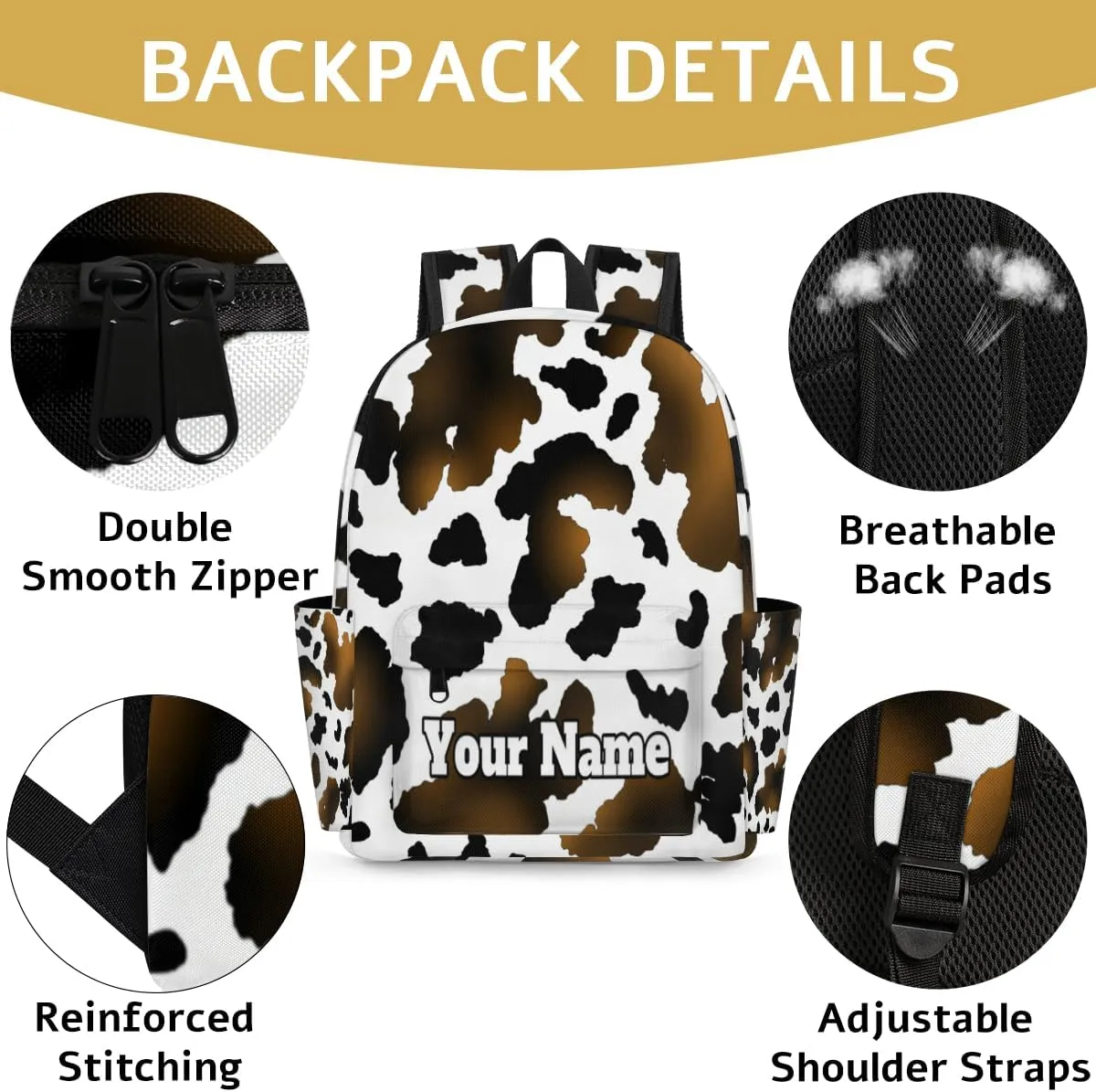 Personalized Cow Print Preschool Toddler Backpack for Boys Girls Custom Kids Name Small Bookbags Kindergarten Elementary Backpack, Animal Print