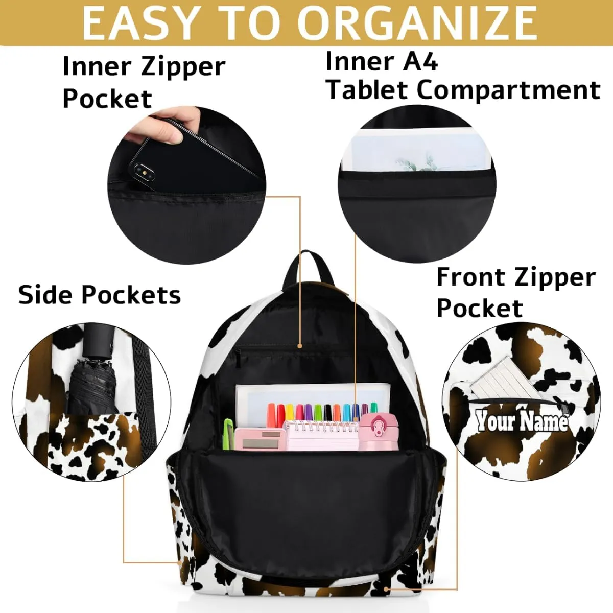 Personalized Cow Print Preschool Toddler Backpack for Boys Girls Custom Kids Name Small Bookbags Kindergarten Elementary Backpack, Animal Print